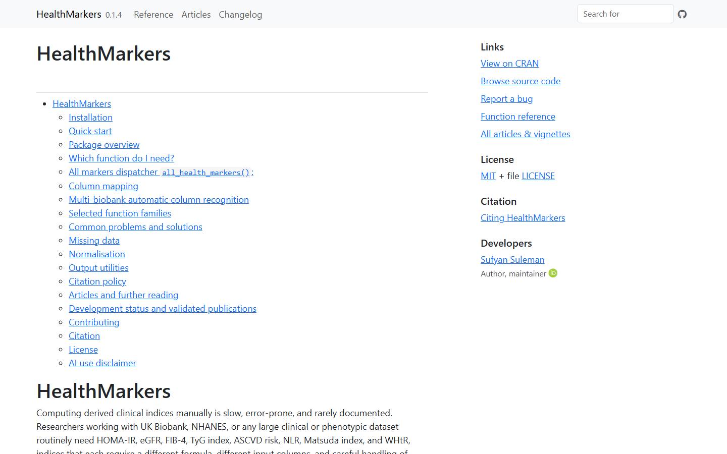 HealthMarkers documentation site screenshot