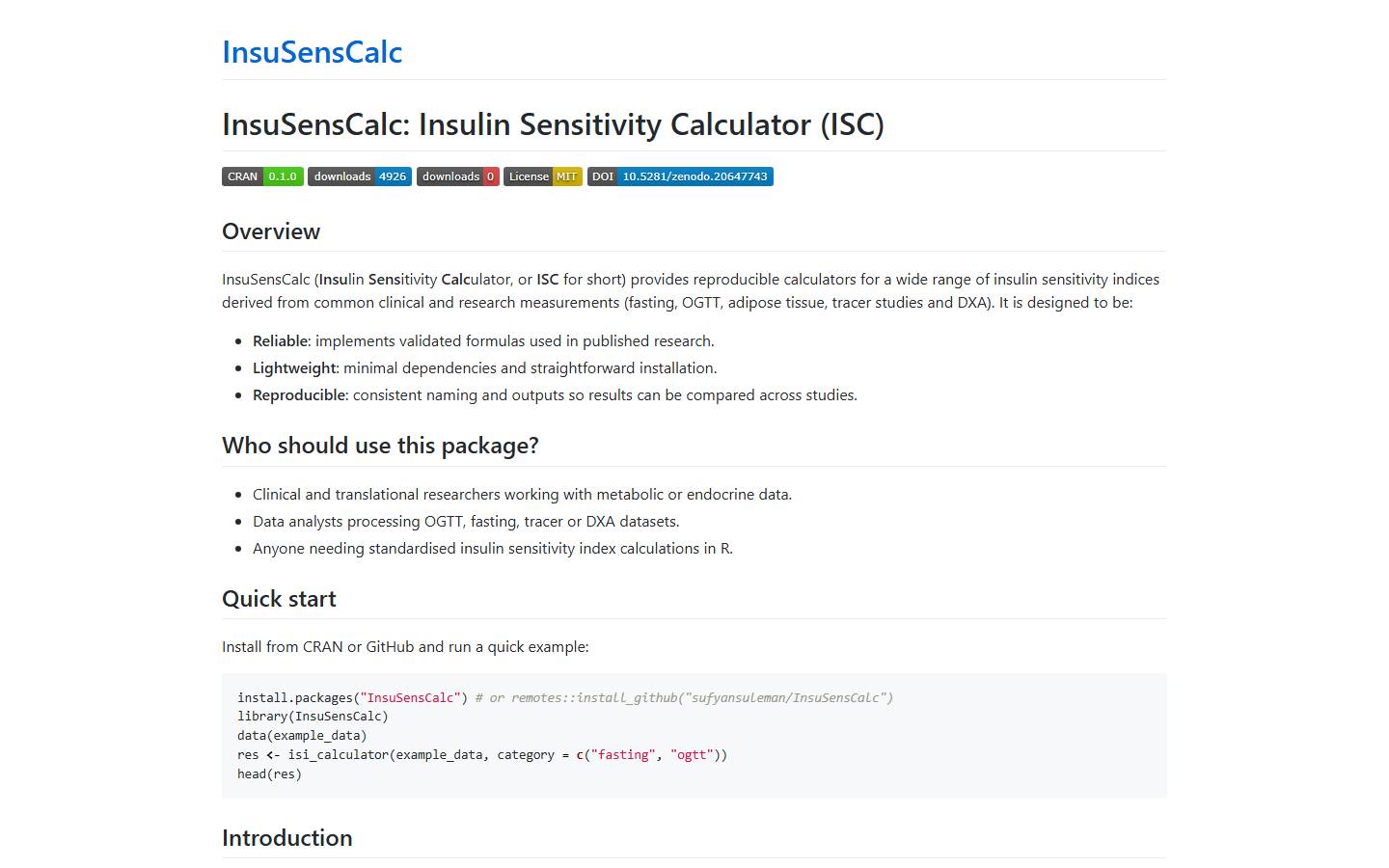 InsuSensCalc documentation site screenshot