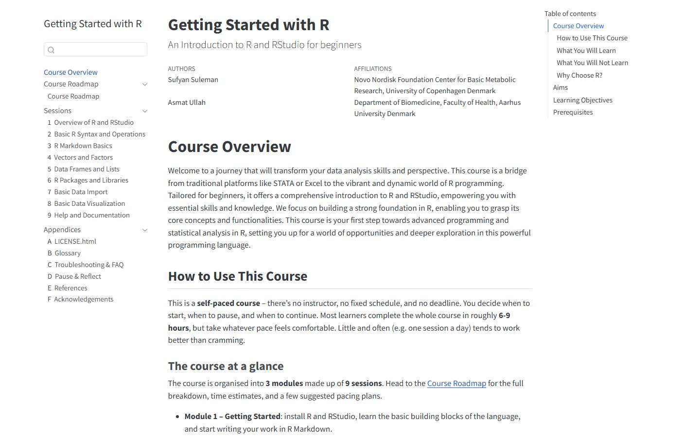 Getting Started with R course site screenshot